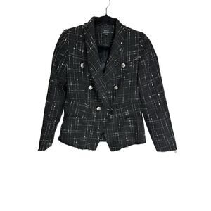 VICI Women's Black/White Tweed Fringe Hem One Button Blazer